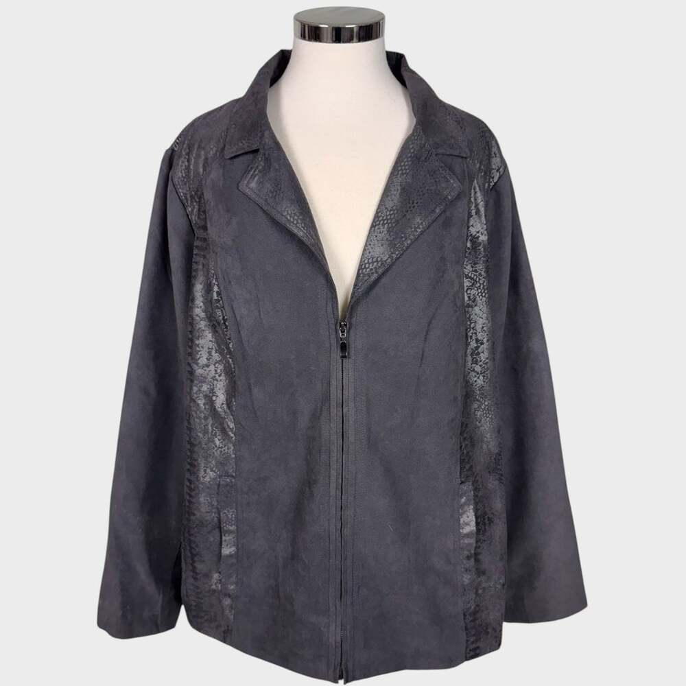 Studio Works Woman 20W Full Zip Front Gray Jacket Snake Print Suede Feel